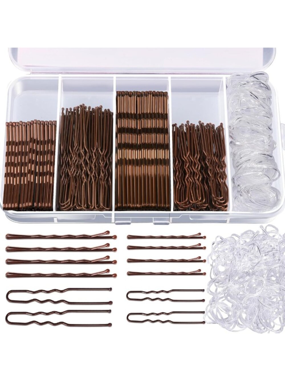 300pcs Bobby Pins & Hair Bands Set - Brown Hair Pins for Buns & Styles